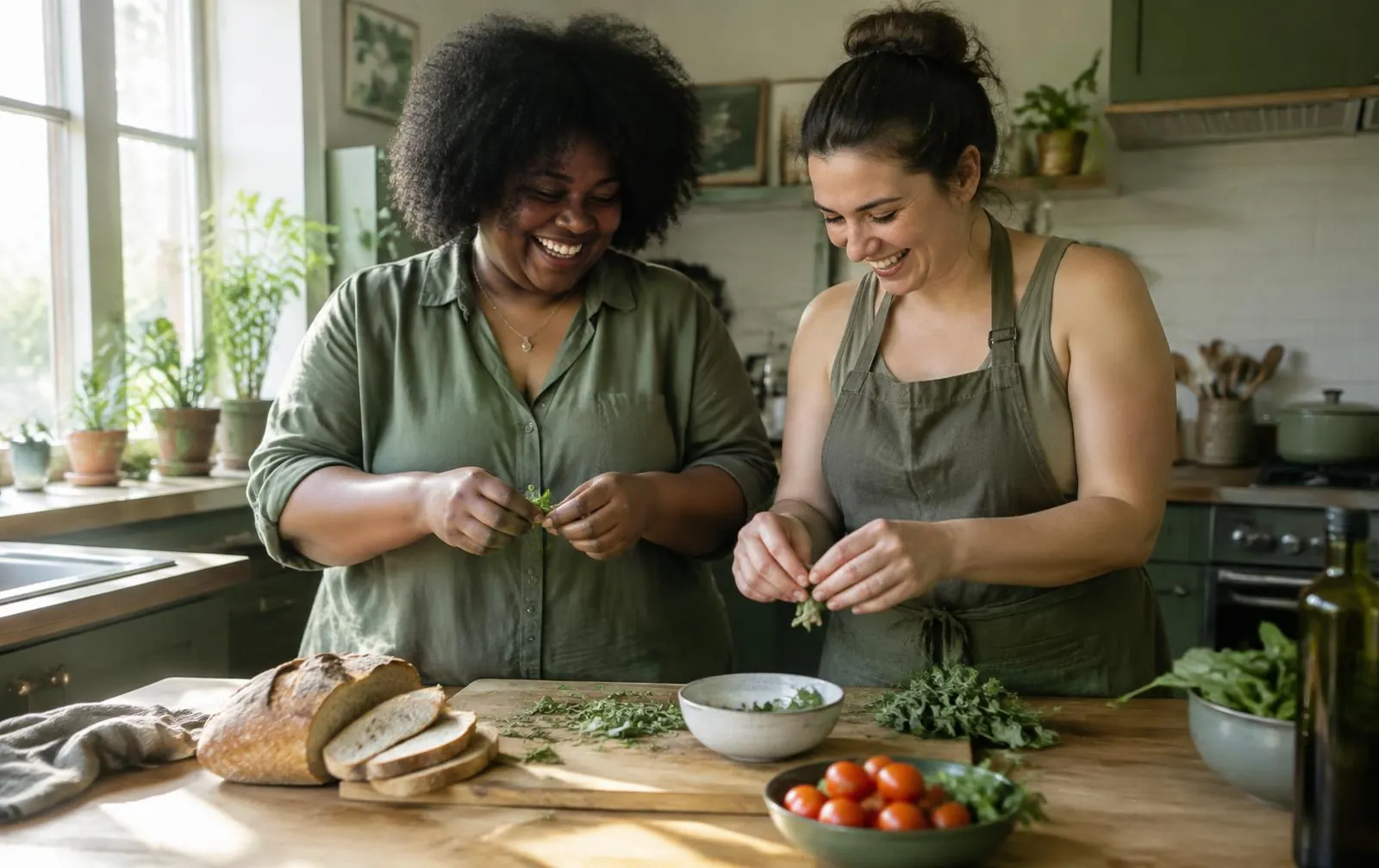 Two women laughing as they tear fresh herbs together at a kitchen counter